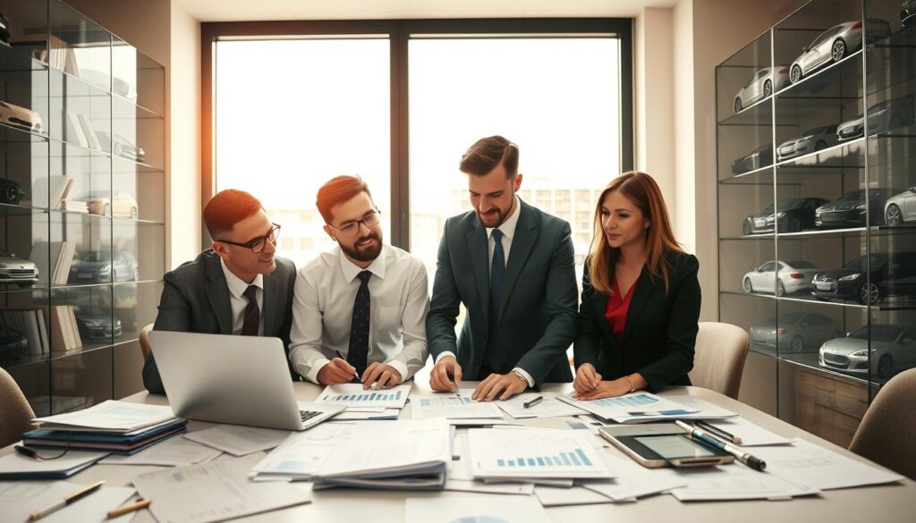 A professional office setting, with a sophisticated and modern workspace. In the foreground, a diverse team of three professionals in business attire—two men and one woman—are engaged in a discussion over a large table cluttered with documents, vehicle valuations, and a laptop displaying data graphs. The middle layer features a large window with natural light streaming in, highlighting the focus on analysis and collaboration. In the background, shelves filled with financial reports and automotive models convey a sense of industry expertise. The atmosphere is one of intensity and focus, with warm lighting enhancing the productive mood. The image conveys the themes of vehicle valuation and common mistakes in the assessment process. A professional office setting, with a sophisticated and modern workspace. In the foreground, a diverse team of three professionals in business attire—two men and one woman—are engaged in a discussion over a large table cluttered with documents, vehicle valuations, and a laptop displaying data graphs. The middle layer features a large window with natural light streaming in, highlighting the focus on analysis and collaboration. In the background, shelves filled with financial reports and automotive models convey a sense of industry expertise. The atmosphere is one of intensity and focus, with warm lighting enhancing the productive mood. The image conveys the themes of vehicle valuation and common mistakes in the assessment process.