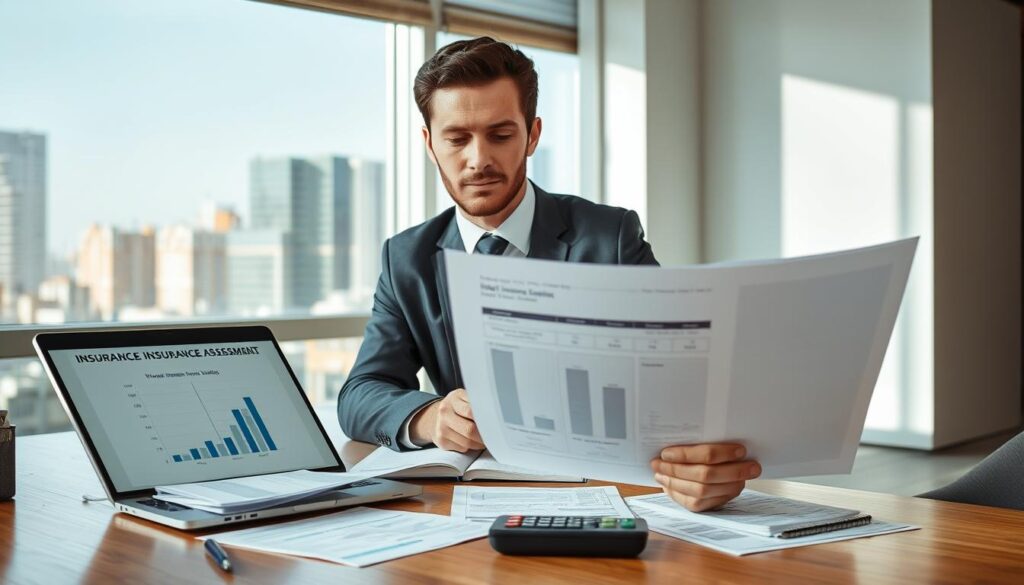 A professional scene depicting a confident insurance adjuster at a modern office desk, intently reviewing a detailed damage assessment document. The foreground features the adjuster dressed in a smart business suit, with a focused expression. In the middle ground, the desk is cluttered with paperwork, a laptop displaying a graphical comparison of insurance estimates, and a calculator. The background showcases a large window with a cityscape view, emphasizing an urban location that influences property values. Soft, natural lighting floods the room, casting subtle shadows, creating a serious yet calm atmosphere. The image captures the analytical nature of insurance valuation, visually contrasting differing estimations with clarity and professionalism.