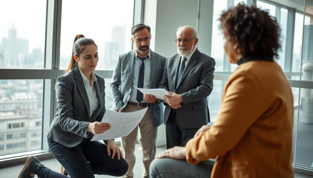 A professional scene depicting a group of diverse individuals assisting accident victims in a modern office environment. In the foreground, an empathetic female insurance adjuster in business attire kneels next to a concerned male client, pointing to a claims document. In the middle ground, another agent, a middle-aged man in a suit, discusses options with an elderly individual, showcasing their attentive demeanor. The background features a bright, well-lit office with large windows, giving a view of a city skyline, suggesting transparency and trustworthiness. Soft, natural lighting creates a warm, supportive atmosphere. The overall mood is one of professionalism, care, and customer service, emphasizing the importance of client experiences. A professional scene depicting a group of diverse individuals assisting accident victims in a modern office environment. In the foreground, an empathetic female insurance adjuster in business attire kneels next to a concerned male client, pointing to a claims document. In the middle ground, another agent, a middle-aged man in a suit, discusses options with an elderly individual, showcasing their attentive demeanor. The background features a bright, well-lit office with large windows, giving a view of a city skyline, suggesting transparency and trustworthiness. Soft, natural lighting creates a warm, supportive atmosphere. The overall mood is one of professionalism, care, and customer service, emphasizing the importance of client experiences.