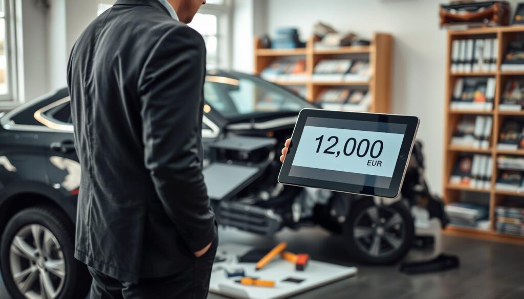 A professional scene depicting an automotive expert, identified as "rzeczoznawca MOTOEXPERT," analyzing car damage for an insurance valuation, with a specific focus on the figure holding a tablet displaying the value of 12,000 EUR. In the foreground, the expert, dressed in a smart business suit, is standing beside a damaged vehicle. The middle section features a clear view of the car’s structural damage, with tools and measuring instruments scattered around. In the background, an office setting is partially visible, complete with shelves of automotive books and trade magazines. The lighting is soft and natural, suggesting early afternoon light filtering through a window, creating a productive and serious atmosphere, emphasizing the importance of accurate vehicle assessment in insurance evaluations. A professional scene depicting an automotive expert, identified as "rzeczoznawca MOTOEXPERT," analyzing car damage for an insurance valuation, with a specific focus on the figure holding a tablet displaying the value of 12,000 EUR. In the foreground, the expert, dressed in a smart business suit, is standing beside a damaged vehicle. The middle section features a clear view of the car’s structural damage, with tools and measuring instruments scattered around. In the background, an office setting is partially visible, complete with shelves of automotive books and trade magazines. The lighting is soft and natural, suggesting early afternoon light filtering through a window, creating a productive and serious atmosphere, emphasizing the importance of accurate vehicle assessment in insurance evaluations.