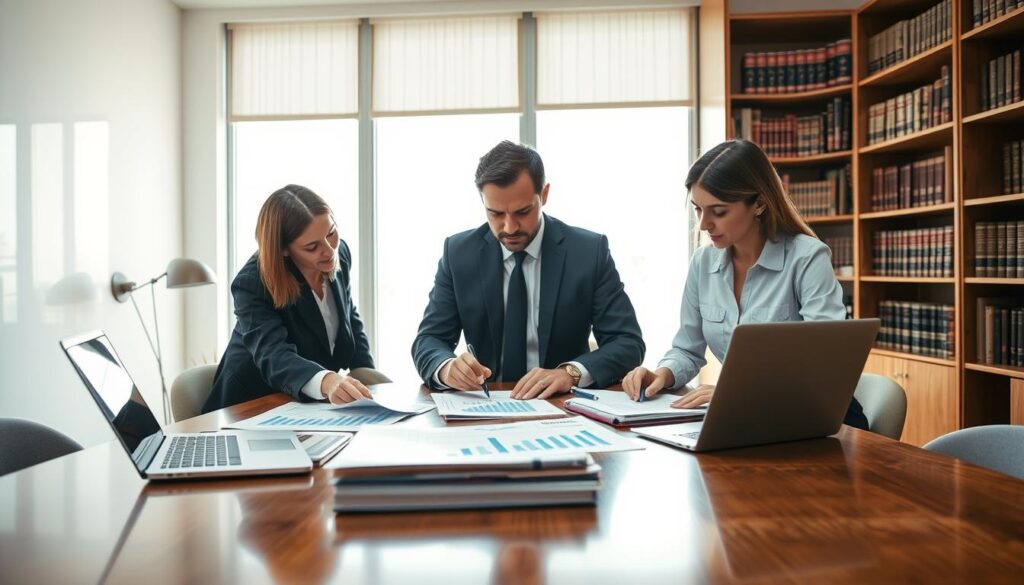 A professional scene illustrating the process of damage assessment in insurance valuation. In the foreground, a group of three business professionals is analyzing documents and laptops on a polished wooden table, with charts and graphs showing financial data and comparisons. The middle layer features a large, clear window allowing natural light to flood the room, creating a bright, focused atmosphere. In the background, bookshelves filled with legal texts and financial analysis books add context to the setting. The lighting is soft but bright, emphasizing the seriousness of the discussion. Business attire is essential, with two men in suits and one woman in a smart blouse and skirt, depicting a collaborative and analytical mood. The overall atmosphere conveys professionalism and thoroughness.