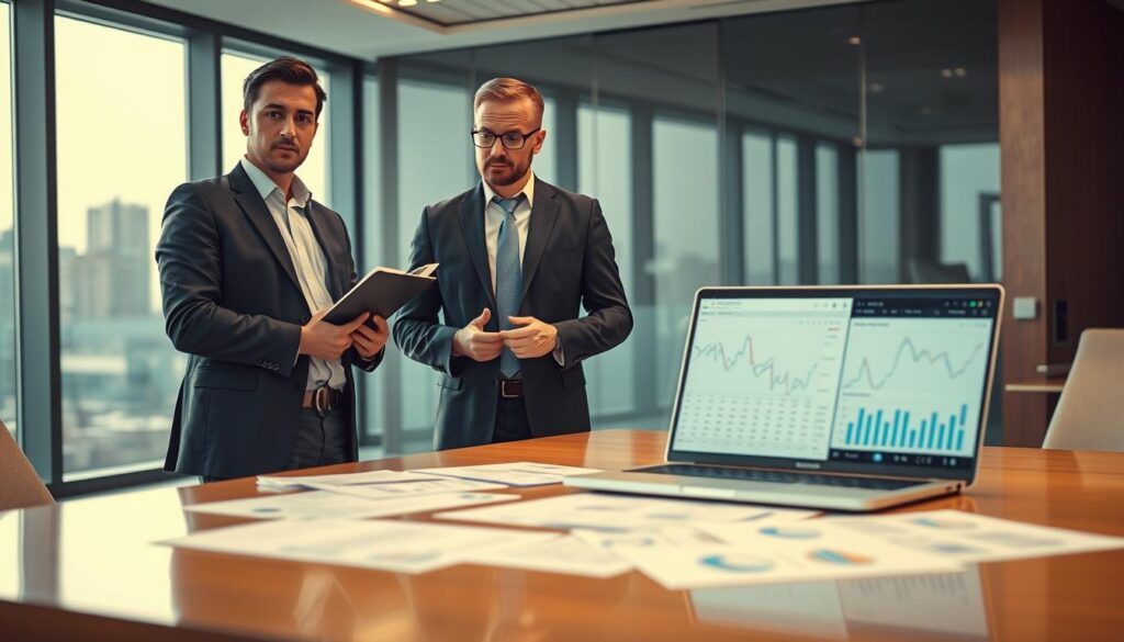 A professional setting depicting a car insurance evaluation meeting. In the foreground, a confident insurance adjuster in formal attire, holding a clipboard, discusses with a technical expert from MOTOEXPERT, who is also in business attire. Both are under soft, warm office lighting, conveying a serious yet collaborative atmosphere. In the middle ground, a large table showcases detailed documents and a laptop with financial graphs visible on the screen. The background features a stylish conference room with a large window revealing a cityscape, adding depth to the scene. The overall mood reflects professionalism, analysis, and the critical decision-making process surrounding car insurance evaluations.