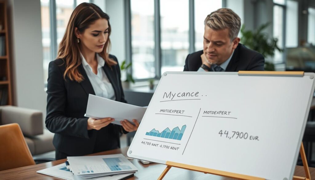 A professional setting depicting an insurance valuation scenario. In the foreground, a confident businesswoman in professional attire discusses documents with a businessman, both looking at an open laptop showing graphs and figures related to insurance valuations. In the middle ground, a whiteboard with key terms like “Wycena” and “MOTOEXPERT” written on it, beside charts comparing two valuation amounts: 4,700 EUR and 9,900 EUR. The background shows an office environment with modern furnishings, large windows letting in soft, natural light. The mood is serious yet collaborative, emphasizing the importance of making informed financial decisions. The angle is slightly elevated, providing a clear view of the interactions and the workspace. A professional setting depicting an insurance valuation scenario. In the foreground, a confident businesswoman in professional attire discusses documents with a businessman, both looking at an open laptop showing graphs and figures related to insurance valuations. In the middle ground, a whiteboard with key terms like “Wycena” and “MOTOEXPERT” written on it, beside charts comparing two valuation amounts: 4,700 EUR and 9,900 EUR. The background shows an office environment with modern furnishings, large windows letting in soft, natural light. The mood is serious yet collaborative, emphasizing the importance of making informed financial decisions. The angle is slightly elevated, providing a clear view of the interactions and the workspace.