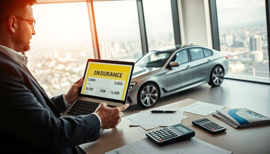 A professional setting illustrating the concept of car insurance valuation. In the foreground, a confident insurance agent in smart business attire reviews a laptop showing two competing insurance quotes, one prominently highlighted in yellow and the other in blue, representing the 5,900 EUR and 11,800 EUR options. In the middle ground, a sleek car is parked, symbolizing the insured vehicle, while a table is cluttered with documents, a calculator, and an insurance brochure. In the background, a window displays a city skyline under a soft, natural light, creating a warm and inviting atmosphere. The angle should be slightly elevated, providing a comprehensive view of the entire scene, focused on the decision-making process regarding investment in higher insurance valuation. A professional setting illustrating the concept of car insurance valuation. In the foreground, a confident insurance agent in smart business attire reviews a laptop showing two competing insurance quotes, one prominently highlighted in yellow and the other in blue, representing the 5,900 EUR and 11,800 EUR options. In the middle ground, a sleek car is parked, symbolizing the insured vehicle, while a table is cluttered with documents, a calculator, and an insurance brochure. In the background, a window displays a city skyline under a soft, natural light, creating a warm and inviting atmosphere. The angle should be slightly elevated, providing a comprehensive view of the entire scene, focused on the decision-making process regarding investment in higher insurance valuation.