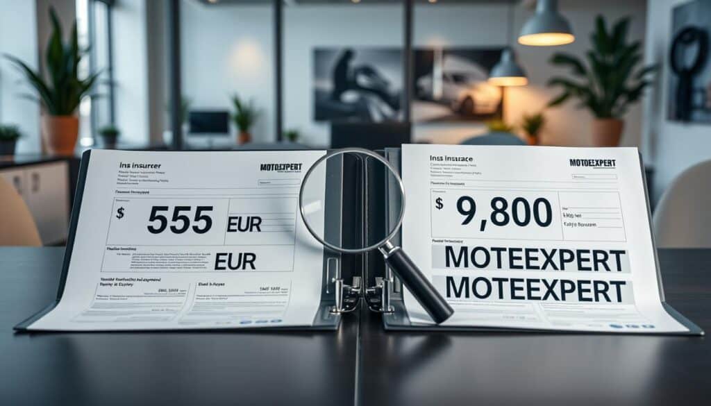 A professional setting showcasing a comparison between two insurance quotes, one labeled “5,555 EUR” representing the insurer and the other “9,800 EUR” representing MOTOEXPERT. In the foreground, a sleek desktop with two open folders containing detailed financial documents. In the middle, a clear division between the two quotes displayed side by side, with a magnifying glass highlighting the differences. The background features an office ambiance with modern decor, soft lighting illuminating the workspace, and potted plants for a fresh touch. The atmosphere is focused and analytical, exuding a sense of professionalism and clarity, as if inviting the viewer to draw a conclusion from the visual comparison. A professional setting showcasing a comparison between two insurance quotes, one labeled “5,555 EUR” representing the insurer and the other “9,800 EUR” representing MOTOEXPERT. In the foreground, a sleek desktop with two open folders containing detailed financial documents. In the middle, a clear division between the two quotes displayed side by side, with a magnifying glass highlighting the differences. The background features an office ambiance with modern decor, soft lighting illuminating the workspace, and potted plants for a fresh touch. The atmosphere is focused and analytical, exuding a sense of professionalism and clarity, as if inviting the viewer to draw a conclusion from the visual comparison.