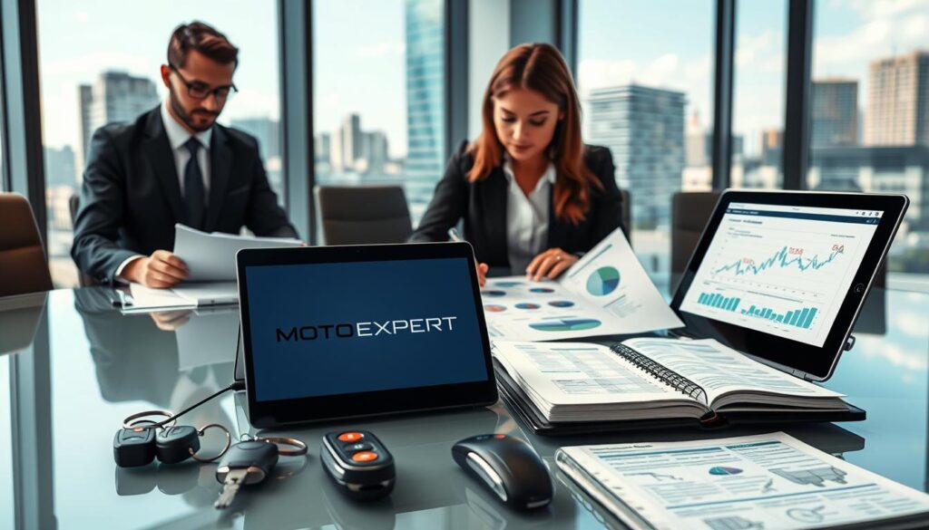 A professional setting showcasing the MOTOEXPERT vehicle evaluation service, featuring a modern office environment. In the foreground, a well-dressed male and female appraiser in business attire are attentively reviewing detailed reports and charts on a sleek glass desk. The middle ground includes a high-tech laptop displaying the MOTOEXPERT logo prominently, along with a set of car keys and a notepad filled with technical notes. In the background, large windows reveal a sunny day with a cityscape, adding a sense of professionalism and clarity. Soft, diffused lighting enhances the atmosphere, giving a focused yet approachable vibe. Capture the energy of a busy appraisal service while highlighting the sophistication of the MOTOEXPERT approach.