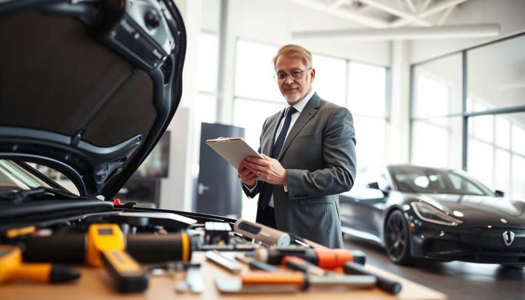 A professional vehicle appraiser, depicted as a middle-aged Caucasian man in formal business attire, stands confidently in a bright office environment. He is examining a car's engine, using a clipboard and digital tablet to take notes. In the foreground, tools and measuring devices are neatly arranged on a workbench. The middle ground reveals a modern office with large windows letting in natural light, casting soft shadows. In the background, a sleek car is displayed, signifying the nature of the appraisal work. The atmosphere is authoritative and focused, encapsulating expertise in vehicle valuation. The lighting is bright and vibrant, enhancing the professional ambiance. A professional vehicle appraiser, depicted as a middle-aged Caucasian man in formal business attire, stands confidently in a bright office environment. He is examining a car's engine, using a clipboard and digital tablet to take notes. In the foreground, tools and measuring devices are neatly arranged on a workbench. The middle ground reveals a modern office with large windows letting in natural light, casting soft shadows. In the background, a sleek car is displayed, signifying the nature of the appraisal work. The atmosphere is authoritative and focused, encapsulating expertise in vehicle valuation. The lighting is bright and vibrant, enhancing the professional ambiance.