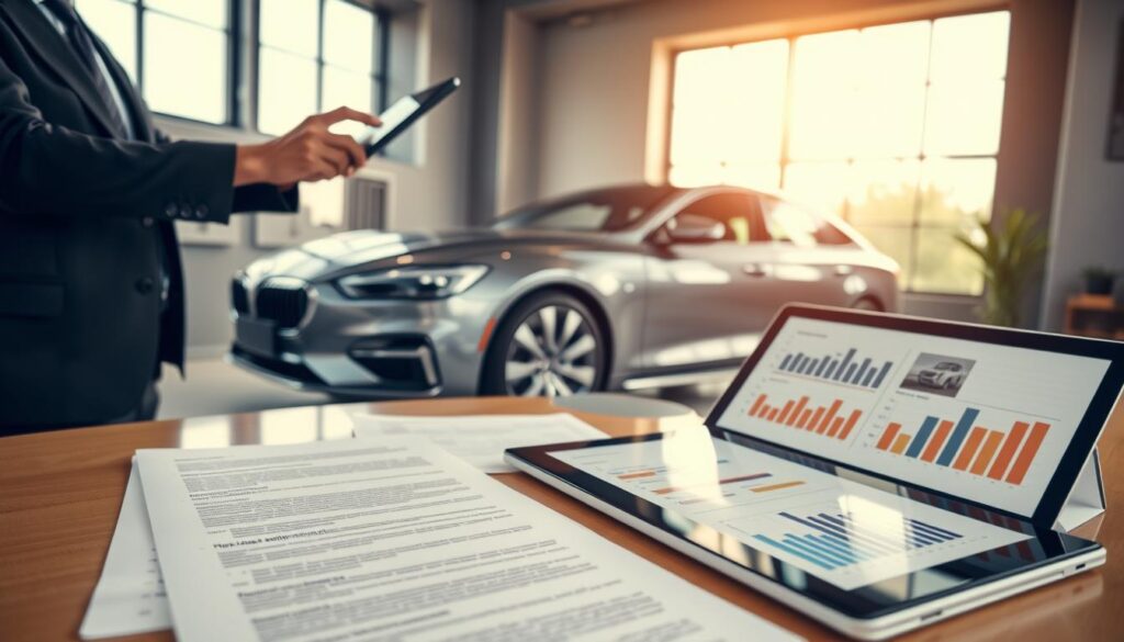A professional workspace where an assessor evaluates vehicle pricing, featuring an elegantly dressed individual in business attire examining a sleek, modern car. In the foreground, there are detailed sheets of regulations and guidelines regarding vehicle valuation, neatly arranged on a polished desk. The middle ground displays the vehicle, reflecting a variety of angles to highlight its features, while a large window in the background allows soft natural light to flood the scene, creating an inviting and warm atmosphere. A digital tablet shows graphs and valuation data, contributing to a tech-savvy environment. The overall mood is one of professionalism and clarity, emphasizing the importance of understanding pricing regulations in vehicle valuation.