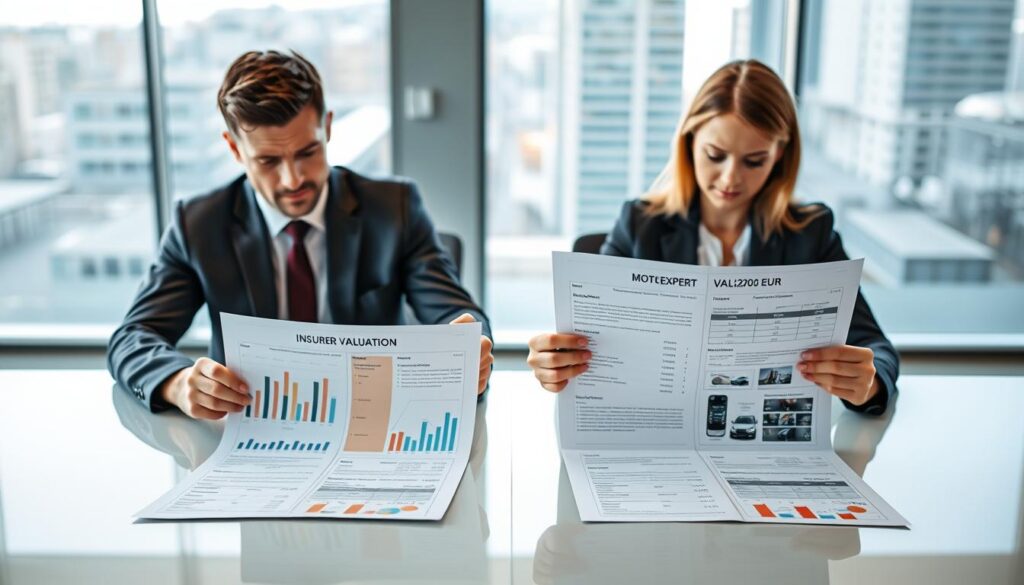 A split scene comparing two car insurance valuation reports on a sleek, modern desk. On the left, a professional document labeled "Insurer Valuation: 6,100 EUR" featuring graphs, charts, and bullet points in a neat format. On the right, another document labeled "MOTOEXPERT Valuation: 13,200 EUR," showcasing more detailed data and visual representations, emphasizing the differences in valuation. The foreground includes a pair of business professionals, one male and one female, dressed in smart business attire, analyzing the reports with focused expressions. The background features a softly lit, contemporary office environment with a glass window showing a cityscape. The mood is analytical and professional, with an emphasis on clarity and detail in the documents. The image is captured with a slight overhead angle to provide a comprehensive view of the comparison.