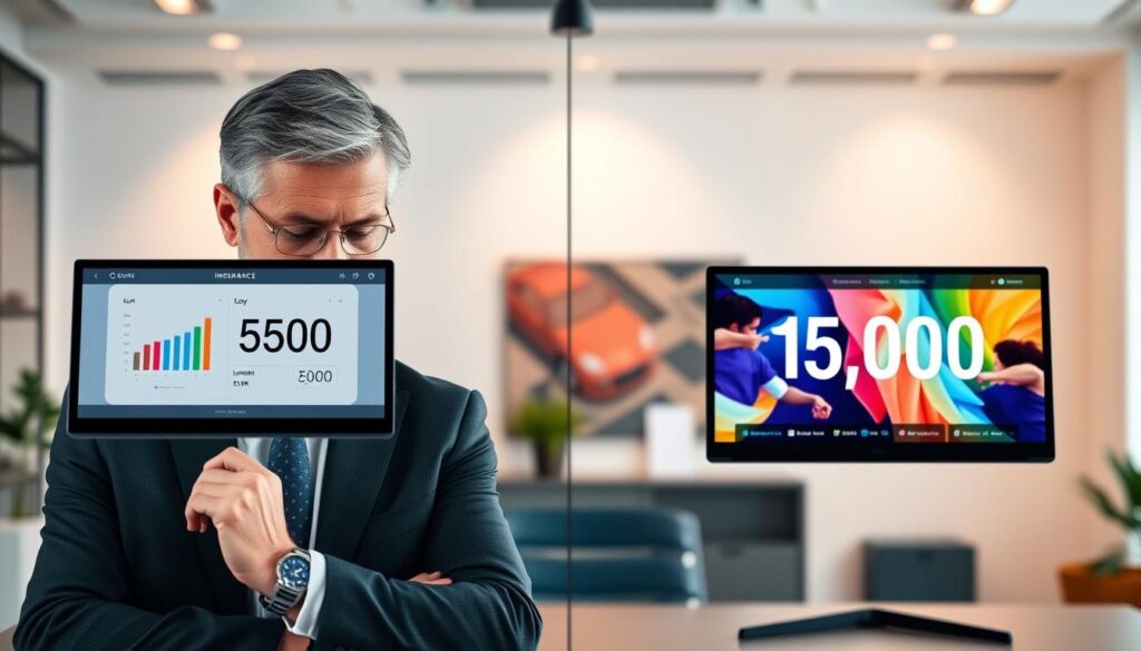 A split-screen image depicting two contrasting online insurance platforms. On the left, a clean, modern interface showcasing a valuation of 7,500 EUR, with graphical charts and relevant icons representing low-risk insurance. The foreground features a professional, mature person in business attire examining the screen thoughtfully. On the right, a vibrant interface highlighting a valuation of 15,000 EUR with dynamic visuals, emphasizing higher-value coverage options. In the middle, a subtle dividing line. The background features a stylish, minimalistic office environment with soft lighting, creating a thoughtful and professional atmosphere. The lens is focused on the screens, providing a clear view of the digital comparisons while blurring the office background slightly, to draw attention to the insurance valuations. A split-screen image depicting two contrasting online insurance platforms. On the left, a clean, modern interface showcasing a valuation of 7,500 EUR, with graphical charts and relevant icons representing low-risk insurance. The foreground features a professional, mature person in business attire examining the screen thoughtfully. On the right, a vibrant interface highlighting a valuation of 15,000 EUR with dynamic visuals, emphasizing higher-value coverage options. In the middle, a subtle dividing line. The background features a stylish, minimalistic office environment with soft lighting, creating a thoughtful and professional atmosphere. The lens is focused on the screens, providing a clear view of the digital comparisons while blurring the office background slightly, to draw attention to the insurance valuations.