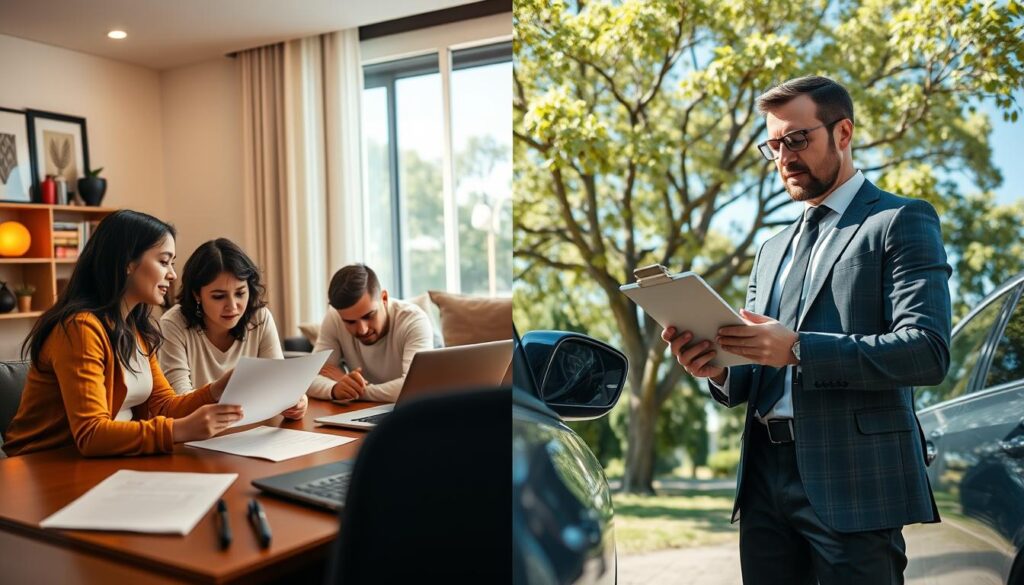 A split-screen image depicting two contrasting scenarios in everyday life related to insurance evaluation. On the left side, a family in a cozy living room discussing their car insurance, with a worried expression, papers and a laptop on the table illuminated by warm, soft lighting. On the right side, a professional insurance agent, dressed in formal business attire, assessing a vehicle with a clipboard and calculator under bright, natural daylight in an outdoor setting. Trees and a clear blue sky provide a peaceful background. The mood conveys a mix of concern and professionalism, highlighting the importance of mindful insurance decisions.