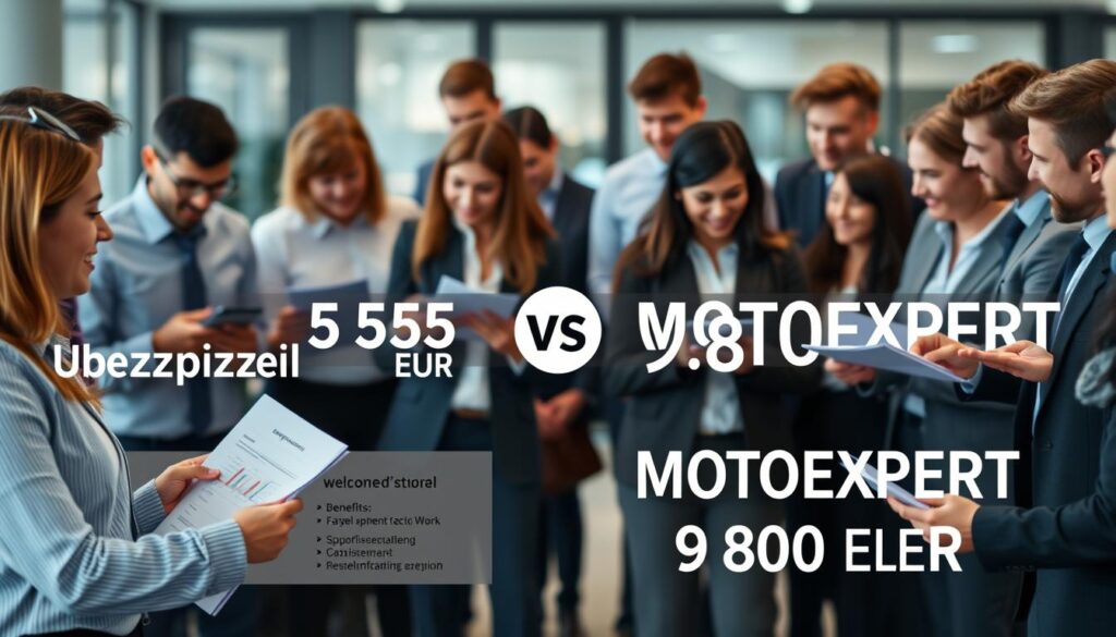 A split-screen image illustrating customer opinions on two insurance options: "Ubezpieczyciel 5 555 EUR" and "MOTOEXPERT 9 800 EUR." In the foreground, visualize two groups of diverse, professional individuals in business attire engaged in animated discussions, holding comparison charts and documents. In the middle ground, show two distinct sections: one side showcasing a logo and benefits of Ubezpieczyciel 5 555 EUR, with a warm light illuminating it, emphasizing a welcoming atmosphere; the other side highlighting MOTOEXPERT 9 800 EUR, with cooler lighting suggesting a more analytical tone. In the background, include a blurred office setting to add context. Capture a mood of thoughtful consideration and engagement, reflecting the importance of informed decision-making. A split-screen image illustrating customer opinions on two insurance options: "Ubezpieczyciel 5 555 EUR" and "MOTOEXPERT 9 800 EUR." In the foreground, visualize two groups of diverse, professional individuals in business attire engaged in animated discussions, holding comparison charts and documents. In the middle ground, show two distinct sections: one side showcasing a logo and benefits of Ubezpieczyciel 5 555 EUR, with a warm light illuminating it, emphasizing a welcoming atmosphere; the other side highlighting MOTOEXPERT 9 800 EUR, with cooler lighting suggesting a more analytical tone. In the background, include a blurred office setting to add context. Capture a mood of thoughtful consideration and engagement, reflecting the importance of informed decision-making.