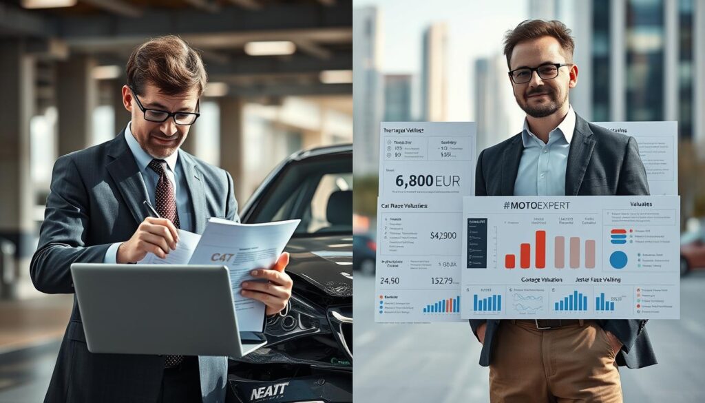 A split-screen image illustrating the contrast between two car damage valuations. On the left, a professional insurance adjuster, dressed in formal business attire, examines a damaged vehicle in a well-lit urban environment, with a focus on their detailed notes and a laptop displaying the valuation of 6,800 EUR. On the right, a MOTOEXPERT representative, in smart casual clothing, stands next to an illustrated infographic showcasing a valuation of 14,200 EUR, with charts and graphs prominently displayed. The background features a blurred cityscape, emphasizing the analysis of costs and benefits. Soft, natural lighting bathes the scene, creating an informative and professional atmosphere. The camera angle is slightly elevated, capturing both subjects and their contrasting valuation approaches. A split-screen image illustrating the contrast between two car damage valuations. On the left, a professional insurance adjuster, dressed in formal business attire, examines a damaged vehicle in a well-lit urban environment, with a focus on their detailed notes and a laptop displaying the valuation of 6,800 EUR. On the right, a MOTOEXPERT representative, in smart casual clothing, stands next to an illustrated infographic showcasing a valuation of 14,200 EUR, with charts and graphs prominently displayed. The background features a blurred cityscape, emphasizing the analysis of costs and benefits. Soft, natural lighting bathes the scene, creating an informative and professional atmosphere. The camera angle is slightly elevated, capturing both subjects and their contrasting valuation approaches.