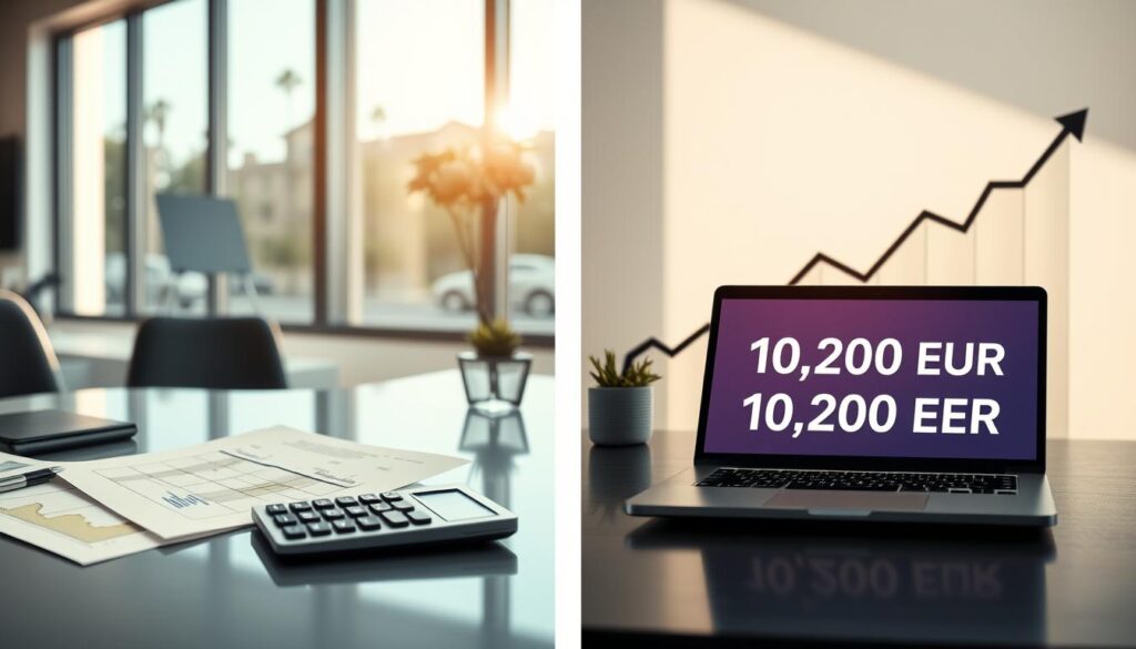 A split-screen image showcasing a comparison between two car insurance valuations, featuring on one side a clean, modern office setup with a calculator and papers detailing a 4,900 EUR valuation, lightly illuminated by natural light coming from large windows. On the other side, a similar setup with an elegant laptop displaying a MOTOEXPERT valuation of 10,200 EUR, with a slight spotlight effect highlighting the higher amount. In the background, subtle graphical representations of growth, like upward arrows or contrasting charts, suggest financial analysis. The overall mood is professional and analytical, emphasizing the key differences in insurance valuation.