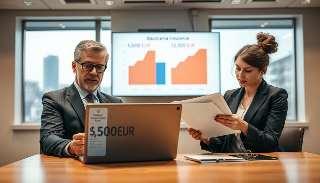 A visual representation of "ubezpieczenia komunikacyjne" featuring two professional business figures at a modern office desk, deeply engaged in a discussion. In the foreground, one person, a middle-aged man in a tailored suit, has a laptop open, displaying graphs and figures related to insurance prices, illustrating the comparison between 5,300 EUR and 12,000 EUR. The other figure, a young woman in smart attire, is analyzing documents with a thoughtful expression. In the middle background, a wall-mounted screen displays a dynamic chart contrasting the two insurance options. The lighting is bright and warm, emphasizing a collaborative atmosphere, with soft-focus cityscape windows in the background. The mood is serious yet hopeful, suggesting a valuable exchange of ideas. A visual representation of "ubezpieczenia komunikacyjne" featuring two professional business figures at a modern office desk, deeply engaged in a discussion. In the foreground, one person, a middle-aged man in a tailored suit, has a laptop open, displaying graphs and figures related to insurance prices, illustrating the comparison between 5,300 EUR and 12,000 EUR. The other figure, a young woman in smart attire, is analyzing documents with a thoughtful expression. In the middle background, a wall-mounted screen displays a dynamic chart contrasting the two insurance options. The lighting is bright and warm, emphasizing a collaborative atmosphere, with soft-focus cityscape windows in the background. The mood is serious yet hopeful, suggesting a valuable exchange of ideas.
