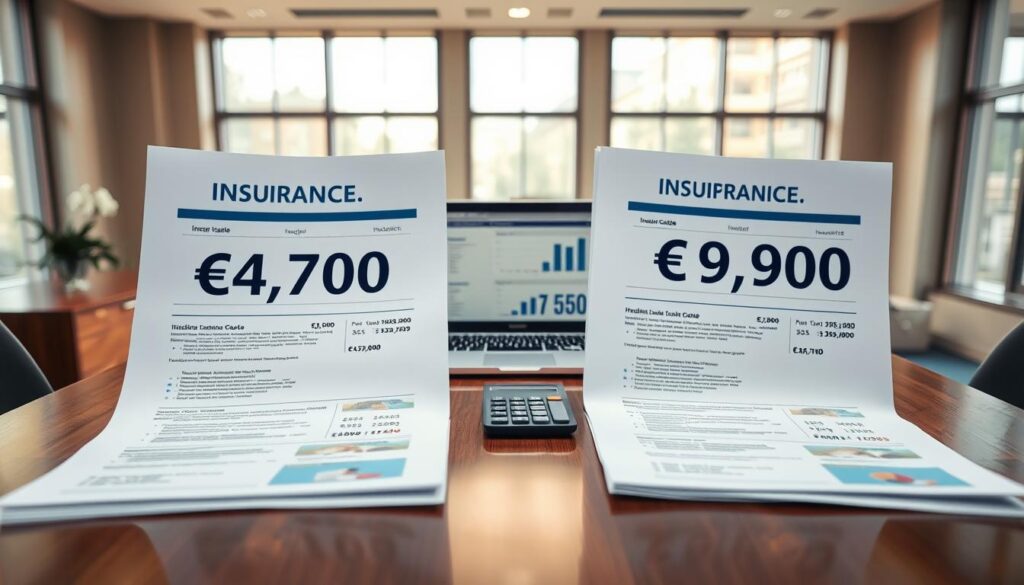 A visually compelling scene illustrating two contrasting insurance quotes, depicted as large, well-designed documents on an elegant desk. In the foreground, one document labeled "€4,700" is neatly arranged next to another labeled "€9,900," both featuring professional graphics and figures. The middle ground includes a stylish laptop displaying related data and a calculator, with soft reflections on the polished wood surface. The background showcases a modern office environment with large windows letting in natural light, creating a warm atmosphere. Use a slight blur to focus on the documents, capturing the essence of pricing strategies in the insurance industry. The overall mood is analytical and professional, conveying a thoughtful approach to financial evaluation. A visually compelling scene illustrating two contrasting insurance quotes, depicted as large, well-designed documents on an elegant desk. In the foreground, one document labeled "€4,700" is neatly arranged next to another labeled "€9,900," both featuring professional graphics and figures. The middle ground includes a stylish laptop displaying related data and a calculator, with soft reflections on the polished wood surface. The background showcases a modern office environment with large windows letting in natural light, creating a warm atmosphere. Use a slight blur to focus on the documents, capturing the essence of pricing strategies in the insurance industry. The overall mood is analytical and professional, conveying a thoughtful approach to financial evaluation.