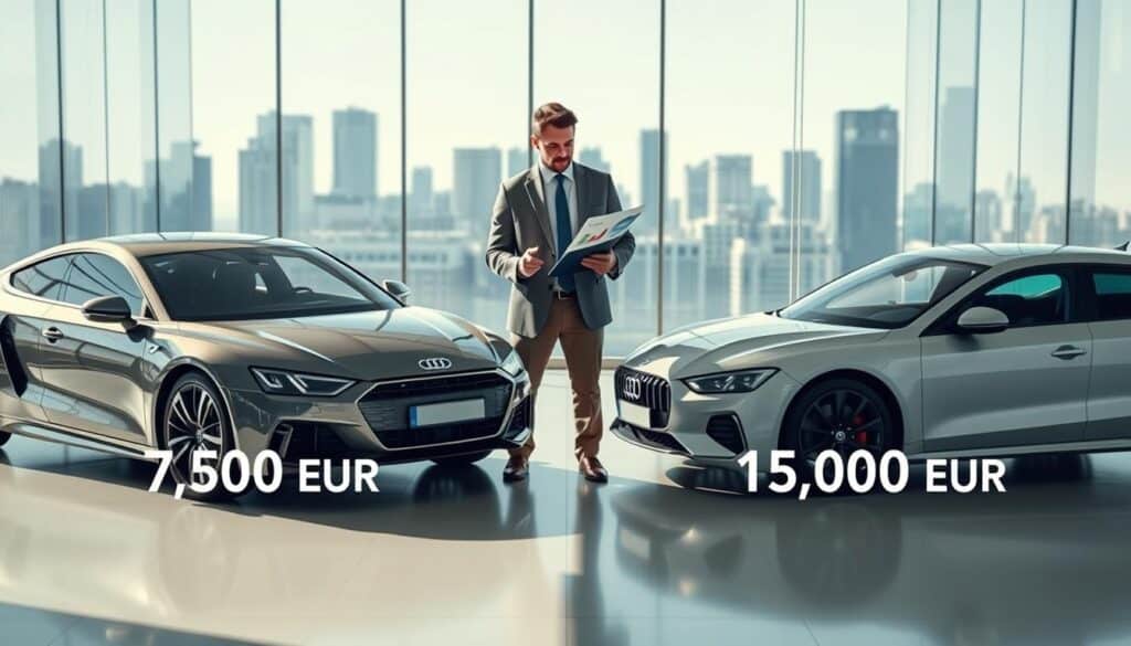 A visually informative scene illustrating the comparison of vehicle valuations, focused on two distinct figures: 7,500 EUR for a traditional insurance approach and 15,000 EUR for MOTOEXPERT. In the foreground, depict two stylishly designed vehicles side by side, one labeled subtly with "7,500 EUR" and the other with "15,000 EUR", both in sleek metallic finishes. In the middle ground, show a professional businessperson in a suit, analyzing car valuation reports and charts on a tablet, showing focus and engagement. The background features a modern office environment with transparent glass walls and city skyline views. Lighting is bright and clear, with soft reflections creating a serious and analytical atmosphere. Capture a balanced angle that emphasizes clarity in the comparison without distraction. A visually informative scene illustrating the comparison of vehicle valuations, focused on two distinct figures: 7,500 EUR for a traditional insurance approach and 15,000 EUR for MOTOEXPERT. In the foreground, depict two stylishly designed vehicles side by side, one labeled subtly with "7,500 EUR" and the other with "15,000 EUR", both in sleek metallic finishes. In the middle ground, show a professional businessperson in a suit, analyzing car valuation reports and charts on a tablet, showing focus and engagement. The background features a modern office environment with transparent glass walls and city skyline views. Lighting is bright and clear, with soft reflections creating a serious and analytical atmosphere. Capture a balanced angle that emphasizes clarity in the comparison without distraction.