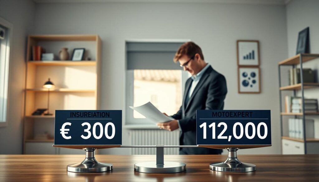 A visually striking and informative comparison scene illustrating two car insurance valuation figures: one labeled "Insurer Valuation: €5,300" and the other "MOTOEXPERT Valuation: €12,000". In the foreground, a split-screen design showcases both valuations prominently, with a digital scale balancing the two amounts, creating a visual tension. The middle ground features a serene office environment, showcasing a professional consultant analyzing documents, dressed in business attire, with a laptop open displaying charts and graphs. In the background, minimalistic shelves hold insurance books and framed certifications, emphasizing expertise. Soft, natural lighting streams through a window, casting a warm, professional atmosphere. The mood is analytical and focused, inviting in-depth consideration of value differences without distraction from text or logos. The composition leads the viewer’s eye from the valuations to the consultant, fostering reflection on the differences presented.