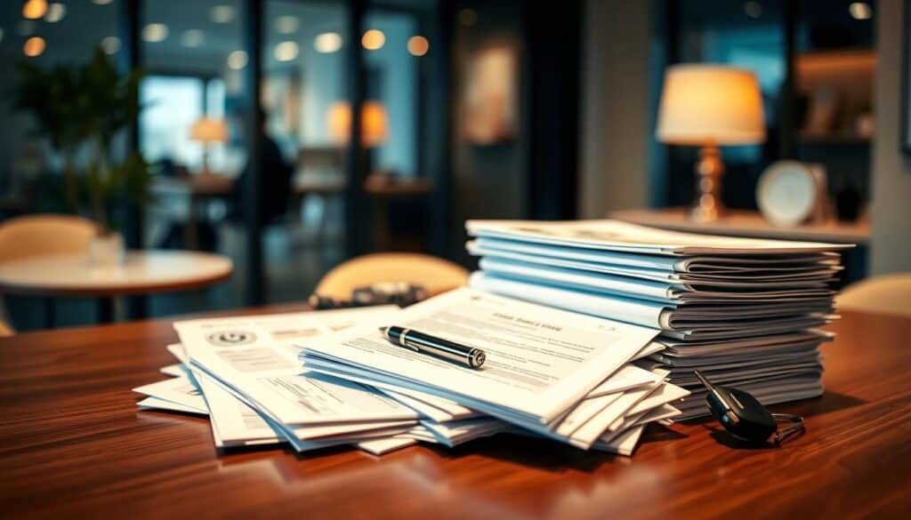 A collection of essential documents needed for motorcycle insurance in Germany, artfully arranged on a sleek wooden table. In the foreground, clearly visible are various forms such as a motorcycle registration certificate, identification documents, and an insurance application form, each neatly stacked and partially open. In the middle ground, there are a few personal items like a pen and a motorcycle key, hinting at the insurance process. The background features a blurred view of a stylish office environment with soft, warm lighting creating a professional atmosphere. The focus is sharp, emphasizing the documents, with a shallow depth of field that draws attention to the details, conveying a sense of importance and organization. A collection of essential documents needed for motorcycle insurance in Germany, artfully arranged on a sleek wooden table. In the foreground, clearly visible are various forms such as a motorcycle registration certificate, identification documents, and an insurance application form, each neatly stacked and partially open. In the middle ground, there are a few personal items like a pen and a motorcycle key, hinting at the insurance process. The background features a blurred view of a stylish office environment with soft, warm lighting creating a professional atmosphere. The focus is sharp, emphasizing the documents, with a shallow depth of field that draws attention to the details, conveying a sense of importance and organization.