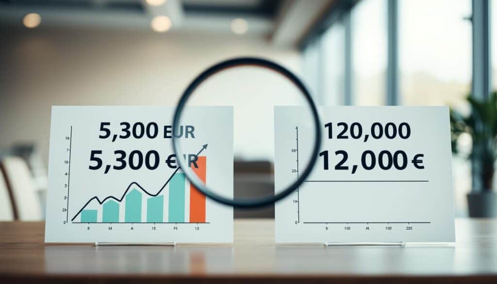 A detailed comparison image illustrating two amounts of insurance valuations: 5,300 EUR on one side and 12,000 EUR on the other. In the foreground, include two distinct charts, one representing each valuation, with contrasting colors to signify their differences. Use a clean, professional design with arrow indicators pointing towards each value. In the middle ground, place a magnifying glass overlaying the charts, emphasizing the analysis aspect. The background should feature a modern office setting, softly lit, with neutral colors to convey a sense of professionalism and focus. The mood should be analytical and informative, inviting viewers to reflect on the implications of the presented valuations. The lens should give a clear, well-focused view from a slightly elevated angle.
