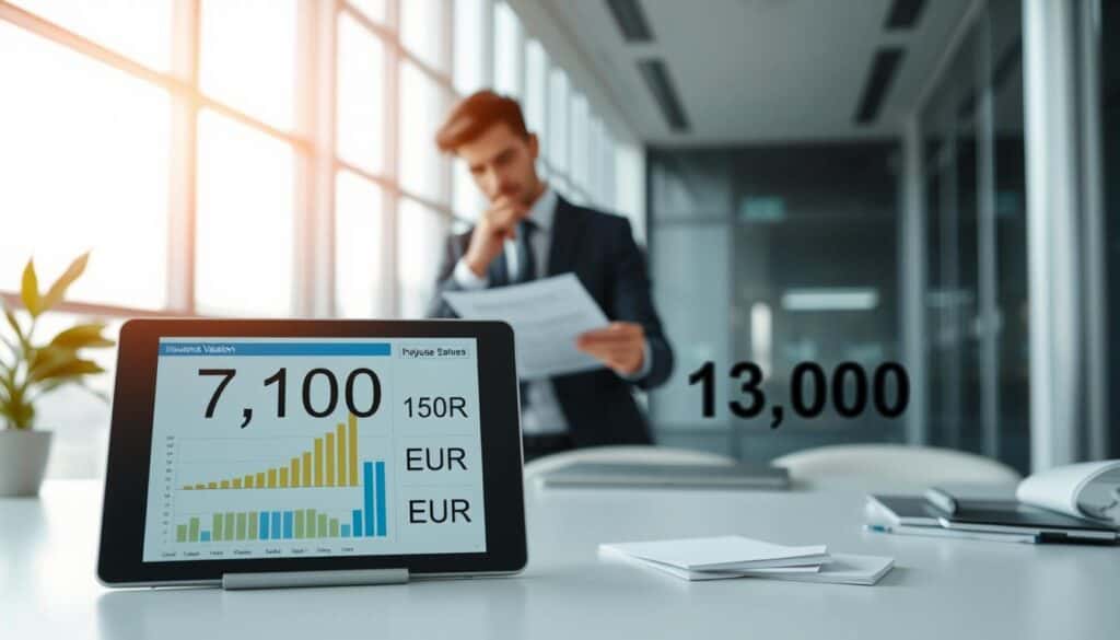 A detailed comparison of insurance valuations, showcasing two contrasting figures of 7,100 EUR and 13,500 EUR. In the foreground, a digital tablet displays financial charts and graphs, symbolizing the analysis process. The middle layer features an office environment with a professional-looking individual dressed in business attire, thoughtfully reviewing documents and calculations. The background is a sleek, modern office with large windows allowing natural light to fill the space, creating a bright and focused atmosphere. The color palette is neutral, emphasizing professionalism with soft blues and greens. The scene captures a mood of analytical diligence, reflecting a thorough comparative analysis. No text, captions, or logos are present.