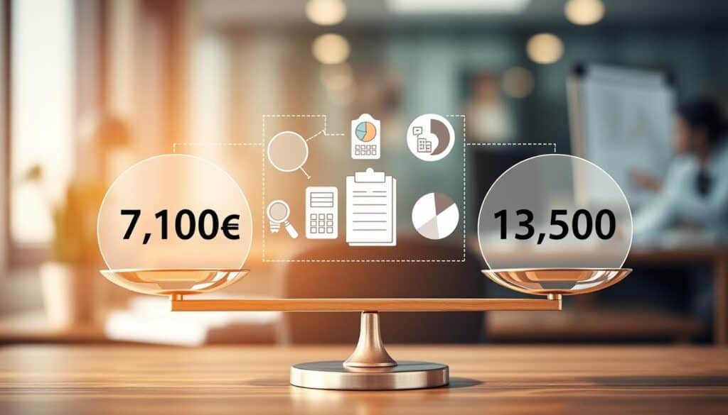 A detailed infographic style representation of "elements of valuation" in the context of insurance. In the foreground, display a balanced scale symbolizing valuation, with one side showing the figure 7,100 EUR and the other 13,500 EUR, representing the contrasting values. In the middle, include icons for assessment tools such as a magnifying glass, a calculator, and a notepad with pie charts and graphs to illustrate different factors contributing to the valuation. In the background, create a blurred office environment with soft lighting, showcasing a professional office desk setup and documents. The overall mood is analytical and informative, emphasizing clarity and precision in the valuation process.