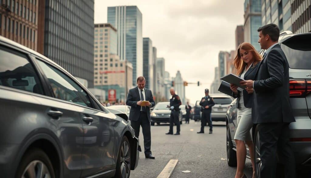 A detailed scene depicting a car accident involving two vehicles on a busy urban street. In the foreground, a sedan and an SUV are slightly damaged, with visible dents and broken glass. Two professionals in business attire, a man and a woman, are discussing the incident, with a notepad and a digital tablet in hand, analyzing the situation. In the middle ground, a small crowd of onlookers observes, while a police officer takes notes nearby. The background features a cityscape with tall buildings and traffic, under a cloudy sky, giving a somber atmosphere. The lighting is soft and diffused, capturing the realistic mood of the scene. The angle is slightly elevated, providing a clear view of the vehicles and the professionals working. A detailed scene depicting a car accident involving two vehicles on a busy urban street. In the foreground, a sedan and an SUV are slightly damaged, with visible dents and broken glass. Two professionals in business attire, a man and a woman, are discussing the incident, with a notepad and a digital tablet in hand, analyzing the situation. In the middle ground, a small crowd of onlookers observes, while a police officer takes notes nearby. The background features a cityscape with tall buildings and traffic, under a cloudy sky, giving a somber atmosphere. The lighting is soft and diffused, capturing the realistic mood of the scene. The angle is slightly elevated, providing a clear view of the vehicles and the professionals working.