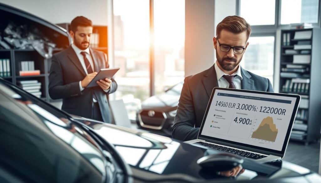 A professional and modern office environment depicting the evaluation process of a car damage assessment. In the foreground, a well-dressed insurance adjuster, in a sharp suit, carefully inspects a damaged vehicle, taking notes on a digital tablet. The middle ground shows an open laptop with comparison charts and figures reflecting two contrasting evaluations of car damage: one at 4,900 EUR and the other at 10,200 EUR. The background features a sleek, contemporary office with shelves of insurance books and a window revealing a bustling cityscape, emphasizing the importance of accurate car damage valuation in a competitive market. The lighting is bright and natural, giving the scene an atmosphere of professionalism and urgency. A professional and modern office environment depicting the evaluation process of a car damage assessment. In the foreground, a well-dressed insurance adjuster, in a sharp suit, carefully inspects a damaged vehicle, taking notes on a digital tablet. The middle ground shows an open laptop with comparison charts and figures reflecting two contrasting evaluations of car damage: one at 4,900 EUR and the other at 10,200 EUR. The background features a sleek, contemporary office with shelves of insurance books and a window revealing a bustling cityscape, emphasizing the importance of accurate car damage valuation in a competitive market. The lighting is bright and natural, giving the scene an atmosphere of professionalism and urgency.