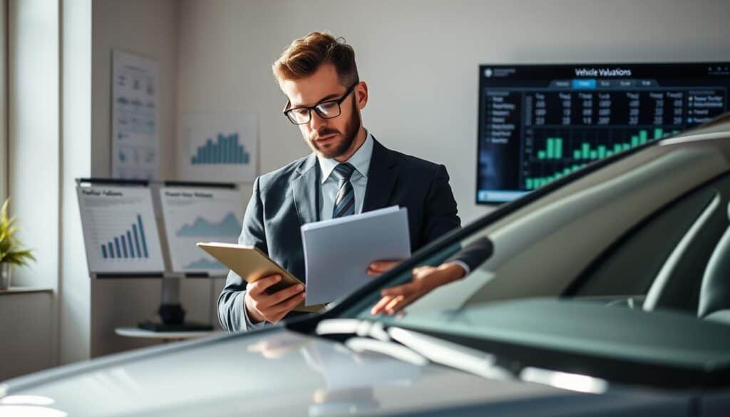 A professional automotive expert, dressed in a smart business suit, is inspecting a vehicle in a well-lit office environment. He holds a clipboard and wears reading glasses, showing deep concentration. The foreground features a sleek automobile with visible damage, highlighting the assessment process. In the background, there are charts and a computer displaying data related to vehicle valuations, creating a sense of professionalism and expertise. The lighting is bright and natural, coming through a nearby window, casting soft shadows to enhance the depth of the scene. The overall mood is serious and focused, emphasizing the importance of accurate vehicle evaluation in insurance claims. A professional automotive expert, dressed in a smart business suit, is inspecting a vehicle in a well-lit office environment. He holds a clipboard and wears reading glasses, showing deep concentration. The foreground features a sleek automobile with visible damage, highlighting the assessment process. In the background, there are charts and a computer displaying data related to vehicle valuations, creating a sense of professionalism and expertise. The lighting is bright and natural, coming through a nearby window, casting soft shadows to enhance the depth of the scene. The overall mood is serious and focused, emphasizing the importance of accurate vehicle evaluation in insurance claims.