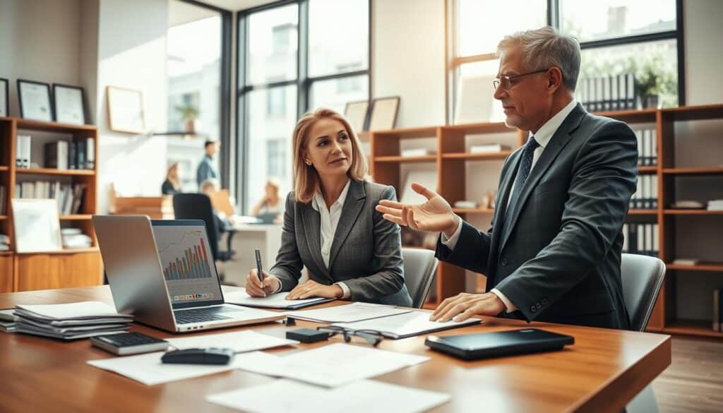 A professional office environment featuring a confident, middle-aged male and female appraiser discussing the selection of an expert. In the foreground, a large wooden desk is cluttered with documents, calculators, and a laptop, symbolizing the assessment process. The appraisers are dressed in smart business attire, engaged in a focused conversation, with the male gesturing toward a chart on the laptop screen. The background reveals shelves filled with books and certificates, indicating expertise in the field. Natural light pours in through large windows, creating a bright, welcoming atmosphere. A warm color palette enhances the mood of professionalism and trust, while a slight blur emphasizes the focused interaction between the two experts.