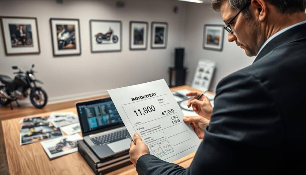 A professional setting depicting a detailed analysis of a motorcycle valuation. In the foreground, a focused business professional in smart casual attire is examining a document with financial figures, including "MOTOEXPERT 11,800 EUR." The lighting is bright and clear, emphasizing the professionalism of the setting. In the middle ground, a large desk is cluttered with motorcycle brochures, valuation charts, and a laptop displaying comparison graphics. The background features a wall with framed motorcycle images and a model motorcycle. The atmosphere is analytical and serious, conveying the importance of accurate valuations in the automotive insurance industry. Use a wide-angle shot to capture the depth of the workspace and the intricate details of the elements present. A professional setting depicting a detailed analysis of a motorcycle valuation. In the foreground, a focused business professional in smart casual attire is examining a document with financial figures, including "MOTOEXPERT 11,800 EUR." The lighting is bright and clear, emphasizing the professionalism of the setting. In the middle ground, a large desk is cluttered with motorcycle brochures, valuation charts, and a laptop displaying comparison graphics. The background features a wall with framed motorcycle images and a model motorcycle. The atmosphere is analytical and serious, conveying the importance of accurate valuations in the automotive insurance industry. Use a wide-angle shot to capture the depth of the workspace and the intricate details of the elements present.