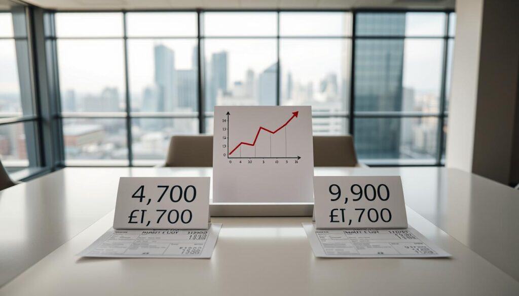 A professional setting illustrating the differences in insurance valuations, featuring two distinct side-by-side comparison charts. In the foreground, a sleek, modern table displays a detailed financial breakdown, emphasizing two figures: 4,700 EUR on one side and 9,900 EUR on the other. The middle layer includes an abstract graphical representation of price trends, with arrows highlighting the discrepancies. In the background, a well-lit office environment showcases a large window with a city skyline, suggesting a corporate atmosphere. Soft, natural lighting filters in, creating an inviting yet professional mood. The camera angle is slightly above eye level, providing a clear overview of the charts and documents, emphasizing clarity and professionalism. No people are included in the image, ensuring focus on the data presented.