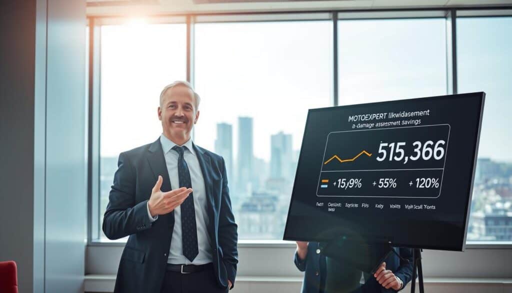 A professional setting showcasing "MOTOEXPERT likwidacja szkód." In the foreground, a confident business professional in smart attire presents graphs indicating significant damage assessment savings, standing next to a sleek digital presentation screen displaying key figures. In the middle, a modern office environment with large windows allowing natural light to flood in, highlighting the professionalism of the space. Behind them, an urban skyline is faintly visible, symbolizing trust and reliability in the insurance industry. The lighting is bright yet soft, creating an optimistic and decisive atmosphere, reinforcing the theme that MOTOEXPERT provides superior value in damage assessments compared to traditional insurers. The angle should emphasize the subject's engagement with the audience while maintaining clarity on key financial highlights. A professional setting showcasing "MOTOEXPERT likwidacja szkód." In the foreground, a confident business professional in smart attire presents graphs indicating significant damage assessment savings, standing next to a sleek digital presentation screen displaying key figures. In the middle, a modern office environment with large windows allowing natural light to flood in, highlighting the professionalism of the space. Behind them, an urban skyline is faintly visible, symbolizing trust and reliability in the insurance industry. The lighting is bright yet soft, creating an optimistic and decisive atmosphere, reinforcing the theme that MOTOEXPERT provides superior value in damage assessments compared to traditional insurers. The angle should emphasize the subject's engagement with the audience while maintaining clarity on key financial highlights.