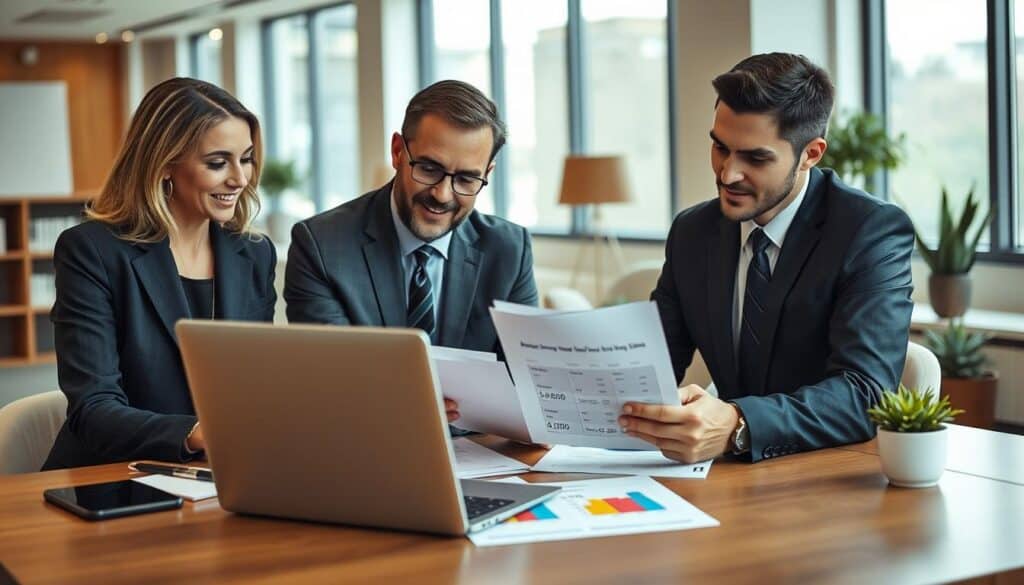 A professional setting with two well-dressed clients discussing insurance valuation options at a modern office desk. In the foreground, a diverse group of clients, a middle-aged woman in a tailored blazer and a young man in a smart dark suit, are reviewing documents together intently. In the middle ground, a sleek laptop and colorful charts displaying different valuation figures, with clear visuals representing the differing quotes: 5,900 EUR and 11,800 EUR. The background features contemporary office decor with large windows allowing soft natural light to fill the space, creating an inviting atmosphere. Use a slightly elevated angle to capture the collaborative spirit, emphasizing clarity and focus on the documents. Overall, the mood conveys professionalism, trust, and informed decision-making. A professional setting with two well-dressed clients discussing insurance valuation options at a modern office desk. In the foreground, a diverse group of clients, a middle-aged woman in a tailored blazer and a young man in a smart dark suit, are reviewing documents together intently. In the middle ground, a sleek laptop and colorful charts displaying different valuation figures, with clear visuals representing the differing quotes: 5,900 EUR and 11,800 EUR. The background features contemporary office decor with large windows allowing soft natural light to fill the space, creating an inviting atmosphere. Use a slightly elevated angle to capture the collaborative spirit, emphasizing clarity and focus on the documents. Overall, the mood conveys professionalism, trust, and informed decision-making.