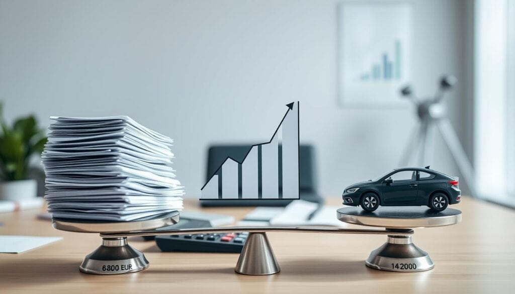 A split screen comparison of two insurance valuation scenarios, depicting "6,800 EUR" on the left and "14,200 EUR" on the right. In the foreground, a detailed balance scale shows a stack of documents on one side and a small model of a car on the other, symbolizing the financial aspects. In the middle, a subtle graph comparing the two valuations rises from a desk cluttered with calculators and charts. Soft, professional lighting illuminates the scene, casting gentle shadows. The background features a business office with low-key decor, creating an analytical atmosphere. The overall mood is serious and contemplative, inviting viewers to reflect on the implications of these valuations without any text or distractions. A split screen comparison of two insurance valuation scenarios, depicting "6,800 EUR" on the left and "14,200 EUR" on the right. In the foreground, a detailed balance scale shows a stack of documents on one side and a small model of a car on the other, symbolizing the financial aspects. In the middle, a subtle graph comparing the two valuations rises from a desk cluttered with calculators and charts. Soft, professional lighting illuminates the scene, casting gentle shadows. The background features a business office with low-key decor, creating an analytical atmosphere. The overall mood is serious and contemplative, inviting viewers to reflect on the implications of these valuations without any text or distractions.