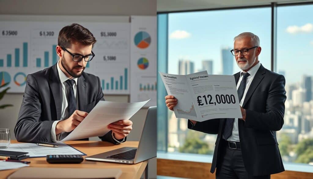 A split-screen illustration featuring two contrasting scenes representing insurance assessments. In the foreground, on the left, a professional insurance analyst in business attire, focused and analyzing a document, with a calculator and a laptop on the table. The background features charts and graphs assessing the value of €5,300. In the middle foreground, on the right, a confident expert consultant, also in business attire, presenting a detailed report with a highlighted value of €12,000. The background showcases complex data visualizations and a city skyline through a large window, symbolizing growth and opportunities. Utilize bright, natural lighting for clarity, with a slight depth of field to emphasize the subjects in the foreground against a blurry background, conveying a serious yet optimistic mood.