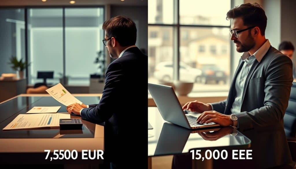 A split-screen image vividly comparing two car insurance offers. On the left side, depict an insurance agent in professional attire discussing a policy worth 7,500 EUR, with documents and a calculator on a sleek desk. The background should show a modern office space with soft, natural lighting, and an engaging atmosphere of professionalism. On the right side, illustrate an insurance agent in casual business attire presenting a policy worth 15,000 EUR, with a digital presentation on a laptop, surrounded by charts and graphs that highlight benefits. The overall mood should be informative and comparative, with a balanced composition that clearly distinguishes both offers, while the color palette is warm and inviting, fostering a sense of trust and clarity.