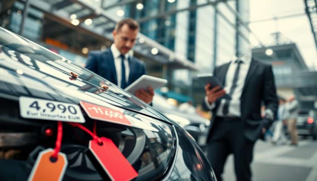 A visually engaging image representing the concept of car insurance valuation. In the foreground, a detailed close-up of a modern car with price tags, one labeled "4,900 EUR" and another "10,200 EUR," indicating contrasting valuations. In the middle ground, a professional insurance agent in business attire analyzes data on a tablet, showing focused expression. The background features an urban environment, hinting at a bustling marketplace with dynamic structures, symbolizing market influence. Soft, diffused lighting enhances a serious yet approachable mood, while a shallow depth of field draws attention to the car and agent. The angle is slightly low, providing an empowering view that emphasizes the importance of insurance in today's market. A visually engaging image representing the concept of car insurance valuation. In the foreground, a detailed close-up of a modern car with price tags, one labeled "4,900 EUR" and another "10,200 EUR," indicating contrasting valuations. In the middle ground, a professional insurance agent in business attire analyzes data on a tablet, showing focused expression. The background features an urban environment, hinting at a bustling marketplace with dynamic structures, symbolizing market influence. Soft, diffused lighting enhances a serious yet approachable mood, while a shallow depth of field draws attention to the car and agent. The angle is slightly low, providing an empowering view that emphasizes the importance of insurance in today's market.