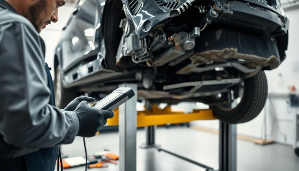 A close-up view of a damaged vehicle in a well-lit garage, with attention drawn to hidden structural damages like dents, cracks, and rust. In the foreground, a technician in a professional attire examines the vehicle using advanced diagnostic tools, showcasing a focused expression. The middle ground features the vehicle on a hydraulic lift, revealing the underside with detailed exposure of hidden damages, and repair tools scattered around. In the background, soft ambient lighting creates a clinical atmosphere, emphasizing the seriousness of vehicle evaluation. The scene conveys a sense of professionalism and thoroughness, capturing the essence of technical expertise in documentation and repair assessment.