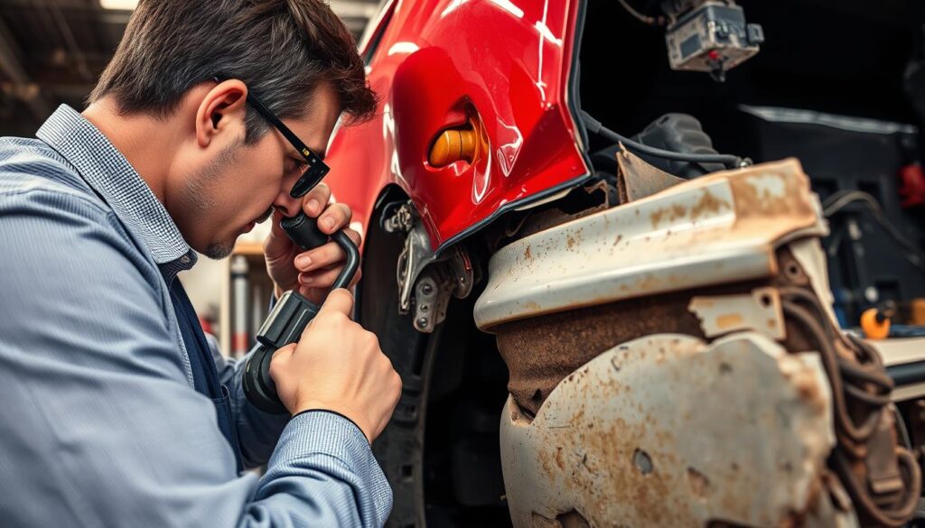 A close-up view of a damaged vehicle revealing hidden damages, with a focus on panel gaps and structural distortions. In the foreground, an expert in professional business attire examines the vehicle with specialized tools, capturing the technical scrutiny. The middle layer showcases the car's body with detailed textures, emphasizing scratches, dents, and corrosion under bright, natural lighting to highlight imperfections. The background includes a garage setting with equipment like diagnostic tools and a workbench, conveying a technical atmosphere. The scene is shot from a low angle to enhance the expert's authoritative presence, evoking a sense of precision and professionalism in automotive damage assessment.