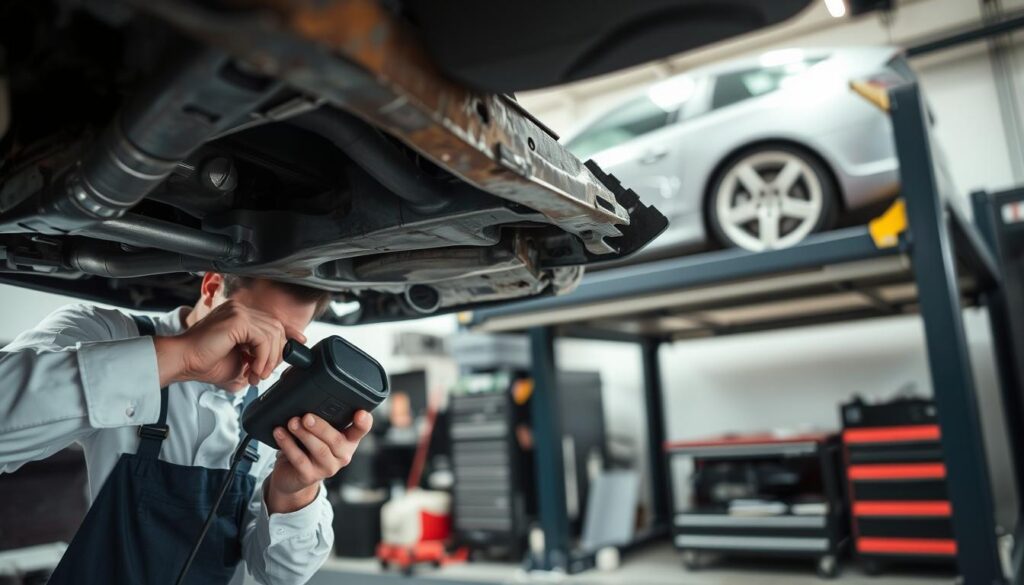 A close-up view of a vehicle being inspected for hidden damages. In the foreground, an automotive expert in professional attire is examining the undercarriage with a diagnostic tool, looking intently at the metal components. In the middle ground, various parts of the car are visible, showcasing scratches and subtle dents that are often overlooked by insurers. The background includes a well-lit garage environment, with tools neatly arranged and a car lift partially visible. Soft, focused lighting highlights the expert's detailed inspection, creating an atmosphere of thoroughness and professionalism. The camera angle is slightly elevated, providing a comprehensive view of the inspection process while maintaining emphasis on the hidden vehicle damages. A close-up view of a vehicle being inspected for hidden damages. In the foreground, an automotive expert in professional attire is examining the undercarriage with a diagnostic tool, looking intently at the metal components. In the middle ground, various parts of the car are visible, showcasing scratches and subtle dents that are often overlooked by insurers. The background includes a well-lit garage environment, with tools neatly arranged and a car lift partially visible. Soft, focused lighting highlights the expert's detailed inspection, creating an atmosphere of thoroughness and professionalism. The camera angle is slightly elevated, providing a comprehensive view of the inspection process while maintaining emphasis on the hidden vehicle damages.