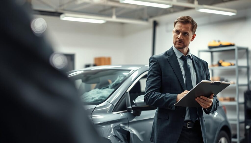 A detailed accident inspection scene in Germany, focusing on a damaged vehicle parked in a well-lit garage. In the foreground, a professional vehicle inspector in a neat business attire, holding a clipboard, examines the car's exterior for damages, showcasing the meticulous nature of the inspection process. The middle layer displays the damaged vehicle from a slightly angled perspective, highlighting scratch marks and dented panels under bright overhead lights. In the background, subtle tools and equipment for automotive examination can be seen on shelves, adding context to the setting. The atmosphere is serious and focused, emphasizing the importance of technical expertise in evaluating vehicle damages for insurance claims. Soft, natural lighting enhances the clarity of the vehicle's details. A detailed accident inspection scene in Germany, focusing on a damaged vehicle parked in a well-lit garage. In the foreground, a professional vehicle inspector in a neat business attire, holding a clipboard, examines the car's exterior for damages, showcasing the meticulous nature of the inspection process. The middle layer displays the damaged vehicle from a slightly angled perspective, highlighting scratch marks and dented panels under bright overhead lights. In the background, subtle tools and equipment for automotive examination can be seen on shelves, adding context to the setting. The atmosphere is serious and focused, emphasizing the importance of technical expertise in evaluating vehicle damages for insurance claims. Soft, natural lighting enhances the clarity of the vehicle's details.