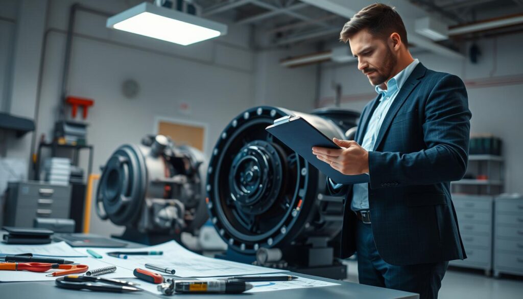 A detailed and professional scene depicting the technical examination of machinery failure. In the foreground, a technician in a smart business attire is closely inspecting the damaged equipment, holding a clipboard filled with notes. The middle ground features various technical tools and schematics laid out on a workbench, emphasizing the analysis process. In the background, a modern laboratory environment with soft, diffused lighting creates an atmosphere of seriousness and focus. The technician stands under a bright overhead light, casting subtle shadows that enhance the details of the machinery. The overall mood conveys professionalism and meticulous attention to detail, reflective of a thorough technical assessment. A detailed and professional scene depicting the technical examination of machinery failure. In the foreground, a technician in a smart business attire is closely inspecting the damaged equipment, holding a clipboard filled with notes. The middle ground features various technical tools and schematics laid out on a workbench, emphasizing the analysis process. In the background, a modern laboratory environment with soft, diffused lighting creates an atmosphere of seriousness and focus. The technician stands under a bright overhead light, casting subtle shadows that enhance the details of the machinery. The overall mood conveys professionalism and meticulous attention to detail, reflective of a thorough technical assessment.