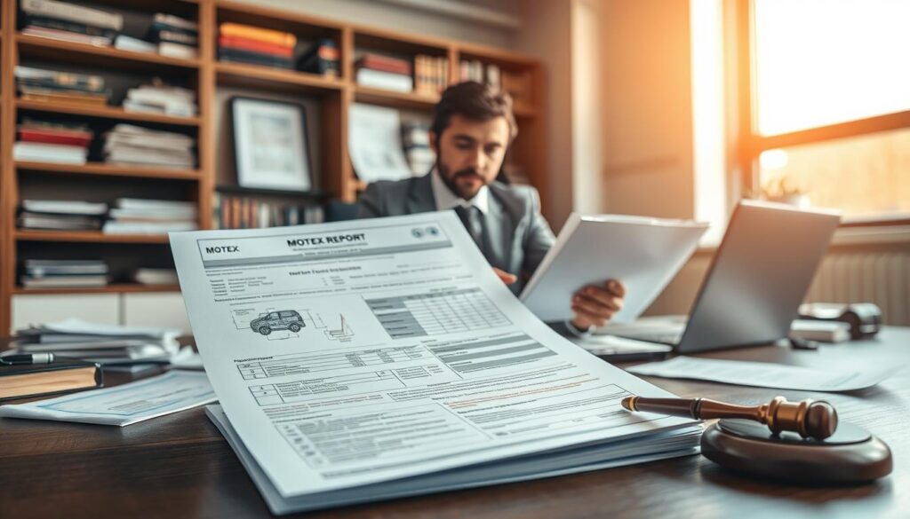 A detailed and professional setting depicting a MOTOEX report as evidence in a dispute over compensation. In the foreground, a well-organized desk featuring the MOTOEX report prominently displayed with technical diagrams and data. In the middle, a focused individual in business attire reviewing the report, with a laptop and legal documents scattered around. The background features a soft-focus office environment with shelves of automotive books and a framed certificate on the wall, suggesting expertise in vehicle assessment. The lighting is warm and inviting, coming from a large window, creating a serious yet hopeful atmosphere. The angle should be slightly above eye level, emphasizing the importance of the document in the scene. No text or additional elements present. A detailed and professional setting depicting a MOTOEX report as evidence in a dispute over compensation. In the foreground, a well-organized desk featuring the MOTOEX report prominently displayed with technical diagrams and data. In the middle, a focused individual in business attire reviewing the report, with a laptop and legal documents scattered around. The background features a soft-focus office environment with shelves of automotive books and a framed certificate on the wall, suggesting expertise in vehicle assessment. The lighting is warm and inviting, coming from a large window, creating a serious yet hopeful atmosphere. The angle should be slightly above eye level, emphasizing the importance of the document in the scene. No text or additional elements present.