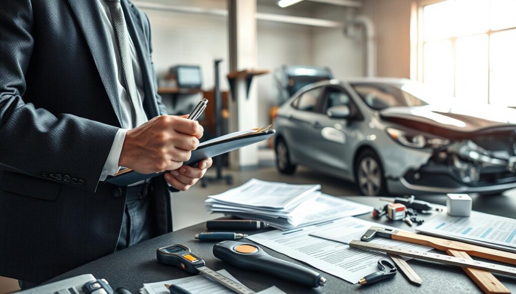 A detailed and realistic scene depicting a technical expert examining vehicle damage for insurance purposes. In the foreground, a professional in a tailored suit is closely inspecting a car with visible damage, using a clipboard and pen to take notes. The middle ground features an array of tools and equipment related to vehicle assessment, such as measuring devices and accident reports. The background captures a well-lit, organized garage or workshop environment, emphasizing a sense of professionalism and diligence. Natural light spills through a window, creating a balanced and clear atmosphere. The scene conveys a serious and analytical mood, reflecting the importance of expert assessments in determining compensation amounts following vehicle damage. A detailed and realistic scene depicting a technical expert examining vehicle damage for insurance purposes. In the foreground, a professional in a tailored suit is closely inspecting a car with visible damage, using a clipboard and pen to take notes. The middle ground features an array of tools and equipment related to vehicle assessment, such as measuring devices and accident reports. The background captures a well-lit, organized garage or workshop environment, emphasizing a sense of professionalism and diligence. Natural light spills through a window, creating a balanced and clear atmosphere. The scene conveys a serious and analytical mood, reflecting the importance of expert assessments in determining compensation amounts following vehicle damage.