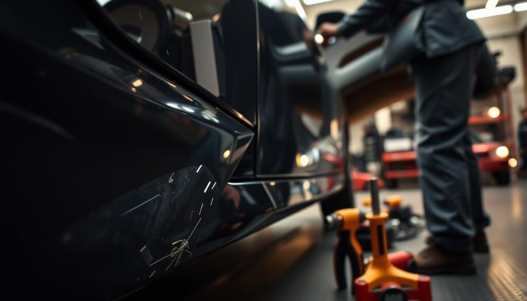 A detailed close-up view of a car's exterior, focusing on concealed damage such as scratches, dents, and subtle paint discrepancies that are often overlooked during initial inspections. In the foreground, include a mechanic in professional attire, using a flashlight to illuminate these hidden areas, giving a sense of careful examination. The middle ground should feature an assortment of tools for assessing vehicle damage, reflecting a technical environment. In the background, a workshop setting with soft, diffused lighting casts a warm glow, enhancing the mood of thoroughness and professionalism. Capture this scene from a low angle to emphasize the importance of the inspection process, portraying an atmosphere of diligence and expertise. A detailed close-up view of a car's exterior, focusing on concealed damage such as scratches, dents, and subtle paint discrepancies that are often overlooked during initial inspections. In the foreground, include a mechanic in professional attire, using a flashlight to illuminate these hidden areas, giving a sense of careful examination. The middle ground should feature an assortment of tools for assessing vehicle damage, reflecting a technical environment. In the background, a workshop setting with soft, diffused lighting casts a warm glow, enhancing the mood of thoroughness and professionalism. Capture this scene from a low angle to emphasize the importance of the inspection process, portraying an atmosphere of diligence and expertise.