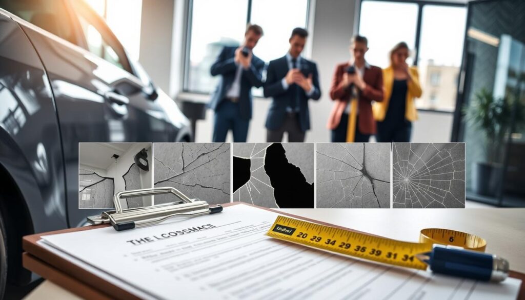A detailed documentation photograph showcasing various types of damage for assessment, including images of a dented car door, a cracked wall, and a broken window. In the foreground, a close-up of a clipboard with inspection notes and a measuring tape, indicating a thorough evaluation process. The middle ground features professionals in smart casual attire examining the damages, using tools like digital cameras and measuring devices. In the background, a well-lit office space with large windows enhances clarity, creating a serious and professional ambiance. Soft, natural light illuminates the scene, casting gentle shadows that highlight the textures of the damaged materials. The overall mood conveys meticulous observation and analysis.