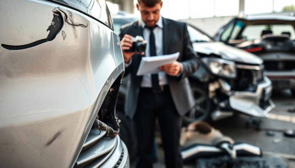 A detailed image of a damaged vehicle for a technical damage assessment report. In the foreground, highlight a close-up of the vehicle's dented bumper, showcasing intricate details of the damage, including scratches and paint loss. In the middle ground, a professional in business attire inspects the vehicle, holding a digital camera and taking notes on a clipboard, emphasizing the thoroughness of the assessment. In the background, additional damaged areas of the vehicle can be seen, under bright, natural lighting that enhances the visibility of the damage. The photo is taken from a slightly elevated angle, providing a comprehensive view of the scene. The mood should be serious and focused, reflecting the professionalism of the technical assessment process.