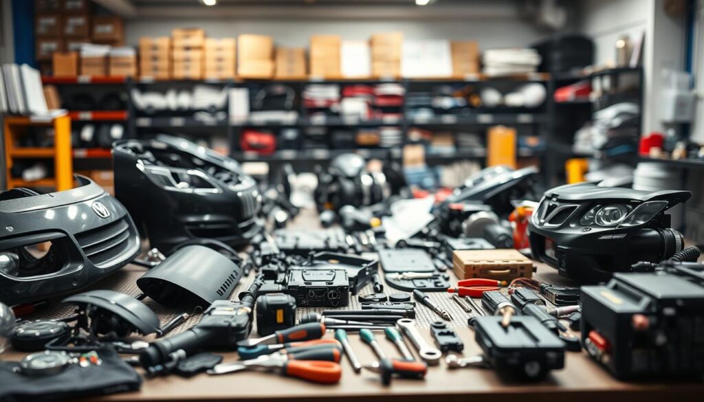 A detailed image showcasing vehicle repair components and technologies that affect insurance compensation. In the foreground, display various car parts such as bumpers, engines, and electronics, meticulously arranged on a workbench. The middle ground features a sophisticated mechanic's toolkit with tools scattered about, emphasizing precision and expertise. In the background, an illuminated workshop setting enhances the atmosphere of professionalism, with blurred shelves filled with spare parts and manuals. Use bright, natural lighting to highlight the metallic textures of the parts, while maintaining a clean, organized look. Capture this scene with a slightly elevated angle, giving a comprehensive view of the intricate details and technologies involved in vehicle repair, evoking a sense of diligence and technical sophistication. A detailed image showcasing vehicle repair components and technologies that affect insurance compensation. In the foreground, display various car parts such as bumpers, engines, and electronics, meticulously arranged on a workbench. The middle ground features a sophisticated mechanic's toolkit with tools scattered about, emphasizing precision and expertise. In the background, an illuminated workshop setting enhances the atmosphere of professionalism, with blurred shelves filled with spare parts and manuals. Use bright, natural lighting to highlight the metallic textures of the parts, while maintaining a clean, organized look. Capture this scene with a slightly elevated angle, giving a comprehensive view of the intricate details and technologies involved in vehicle repair, evoking a sense of diligence and technical sophistication.