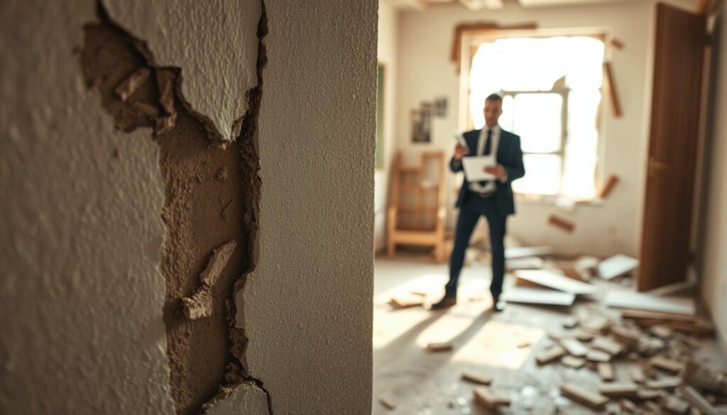 A detailed photographic documentation of property damage, featuring a close-up of a damaged wall with visible cracks and peeling paint in the foreground. In the middle, a professional inspection scene shows an expert, dressed in business attire, documenting the damages with a clipboard and camera. The background should depict a partially ruined interior space, with scattered debris and a soft, diffused natural light filtering through a broken window, casting gentle shadows across the scene. Capture the mood of careful assessment and professionalism, emphasizing clarity and focus. Use a shallow depth of field to highlight the expert and the damaged area while softly blurring the background for an intimate yet formal atmosphere. A detailed photographic documentation of property damage, featuring a close-up of a damaged wall with visible cracks and peeling paint in the foreground. In the middle, a professional inspection scene shows an expert, dressed in business attire, documenting the damages with a clipboard and camera. The background should depict a partially ruined interior space, with scattered debris and a soft, diffused natural light filtering through a broken window, casting gentle shadows across the scene. Capture the mood of careful assessment and professionalism, emphasizing clarity and focus. Use a shallow depth of field to highlight the expert and the damaged area while softly blurring the background for an intimate yet formal atmosphere.